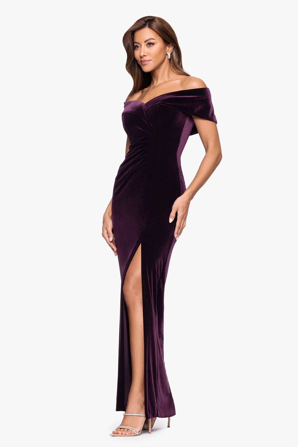 XSCAPE Maroon | "Charmaine" Velvet Off The Shoulder Gown