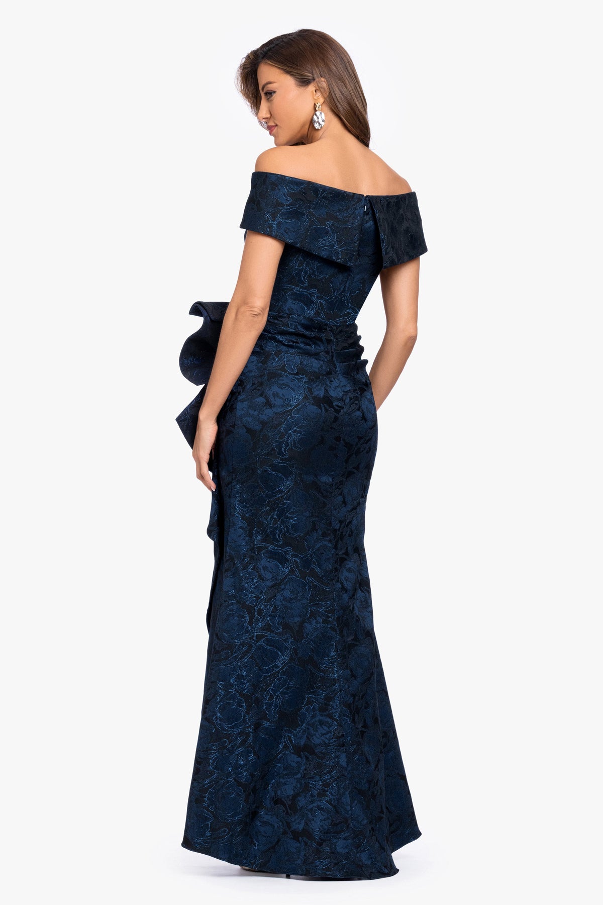 XSCAPE Navy/Black | "Bonnie" Brocade Off The Shoulder Side Ruffle