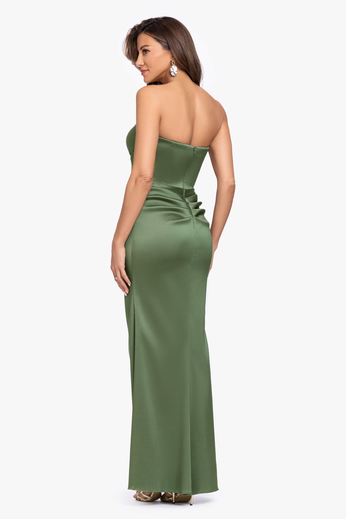 XSCAPE Olive | "Effie" Mikado Asymmetrical Strapless Dress