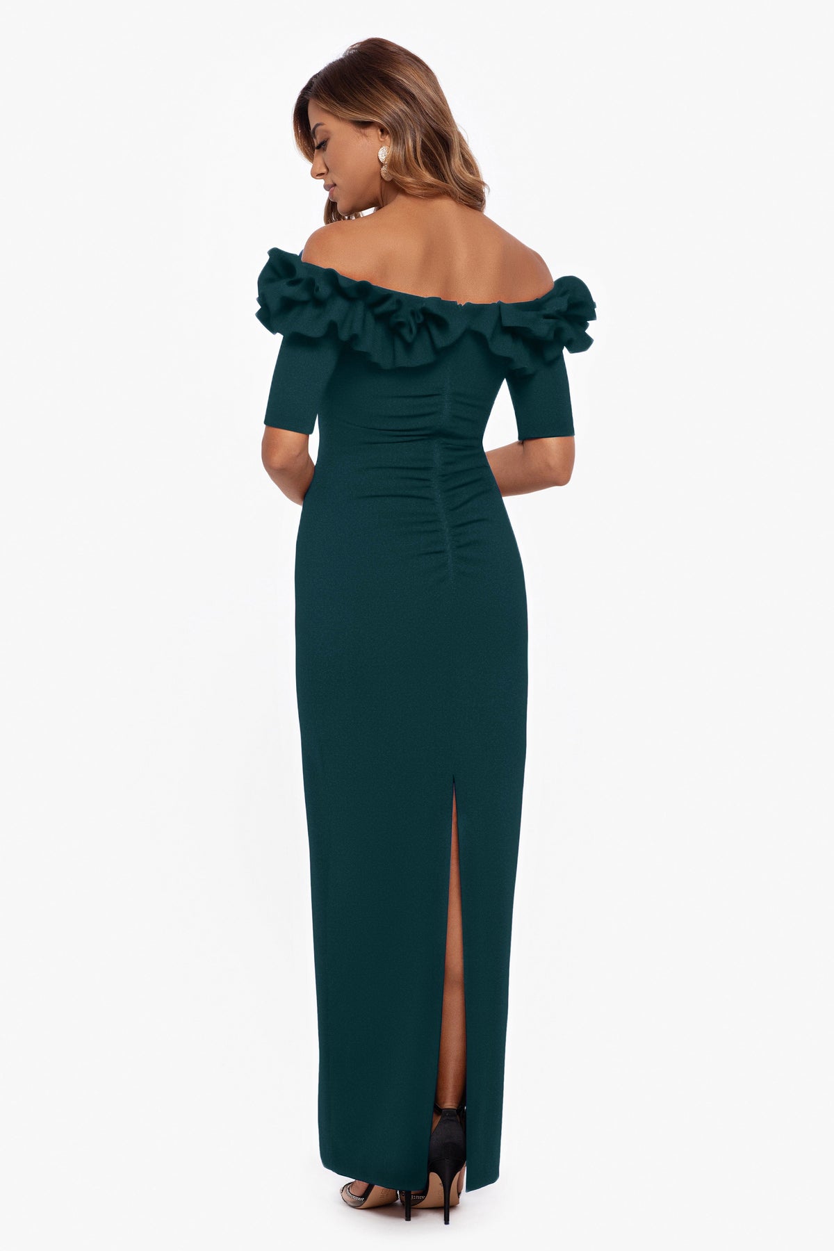 XSCAPE Pine | "Isla" Scuba Crepe Off The Shoulder Ruffle Dress
