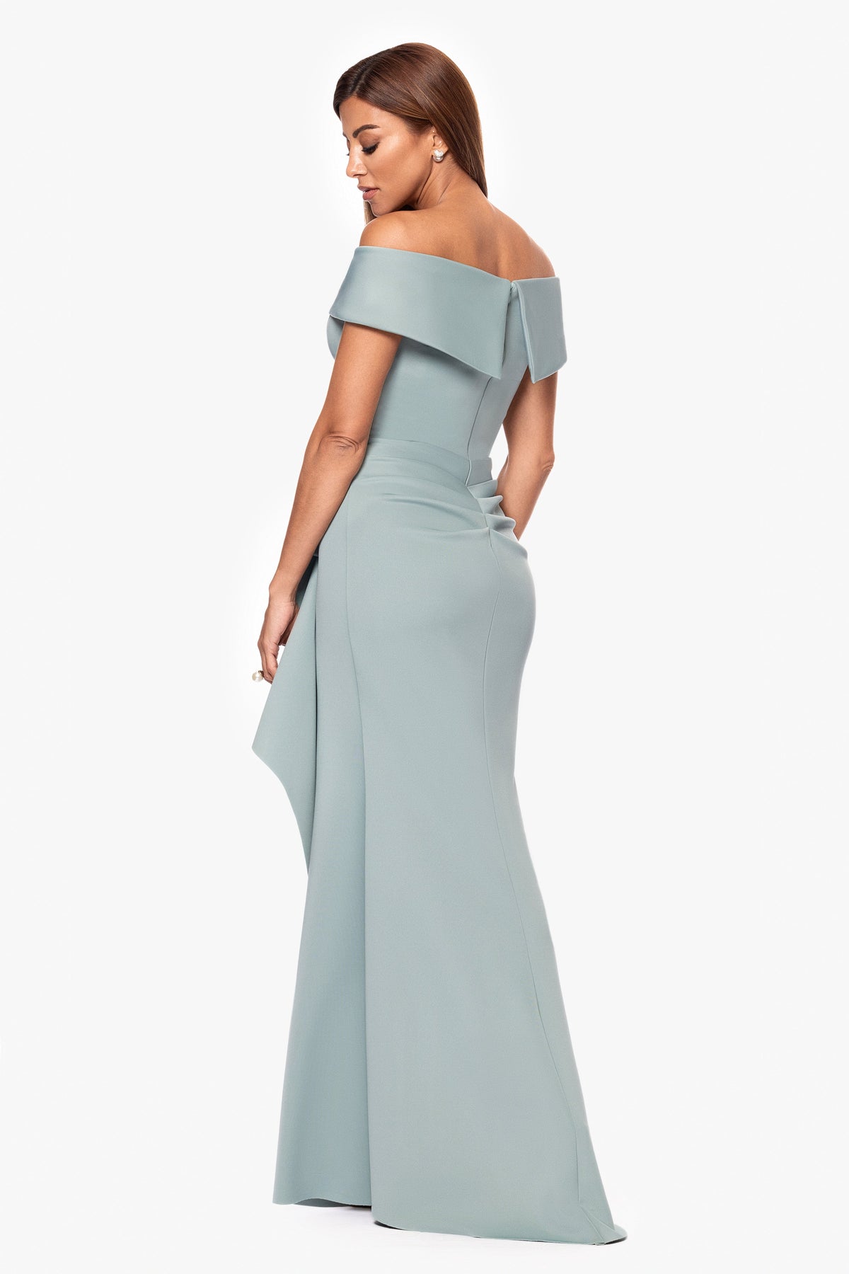 XSCAPE Sage | Petite "Patti" Techno Scuba Off The Shoulder Dress