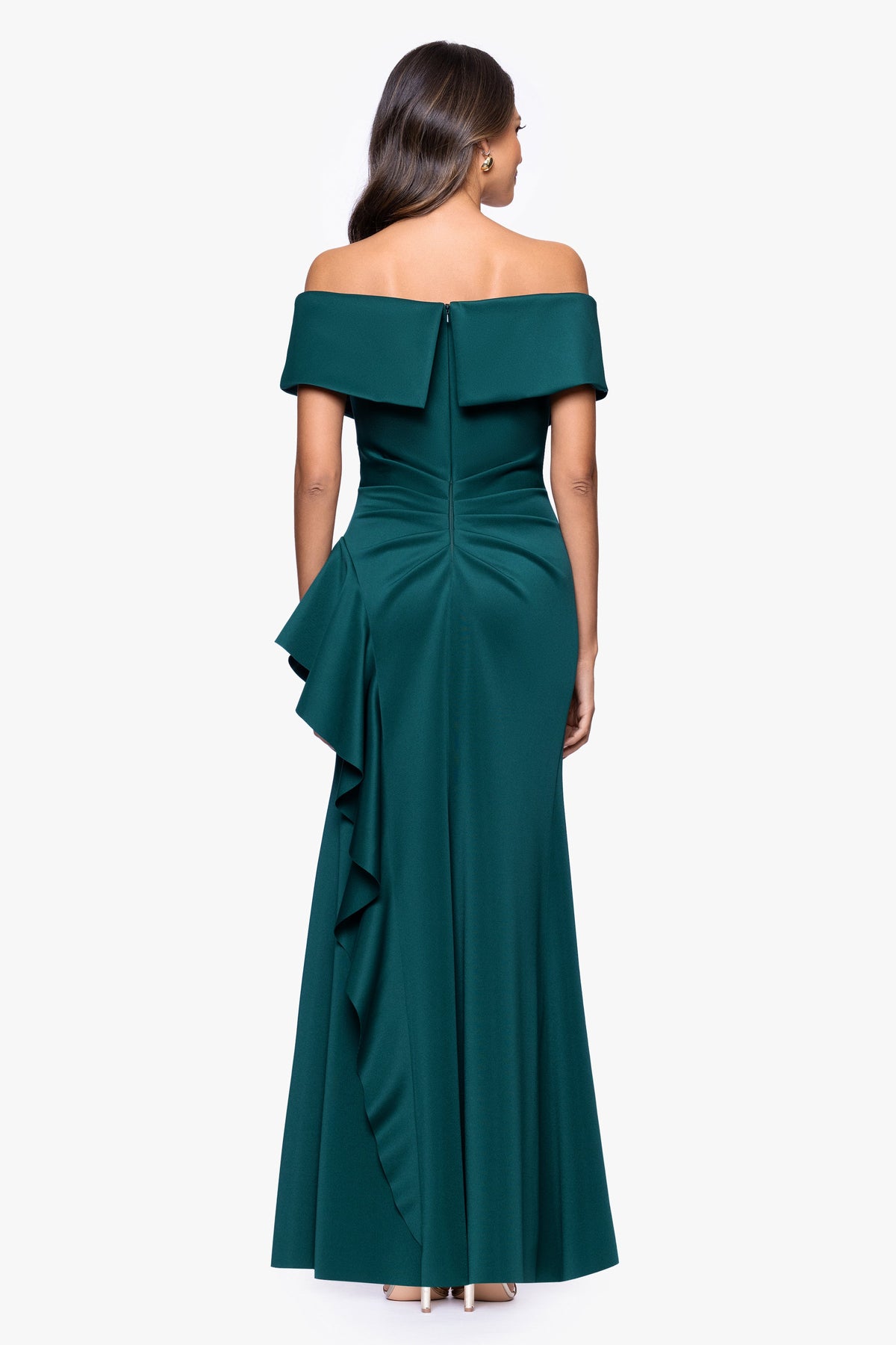 XSCAPE Hunter | "Pearl" Techno Scuba Off the Shoulder Ruffle Dress