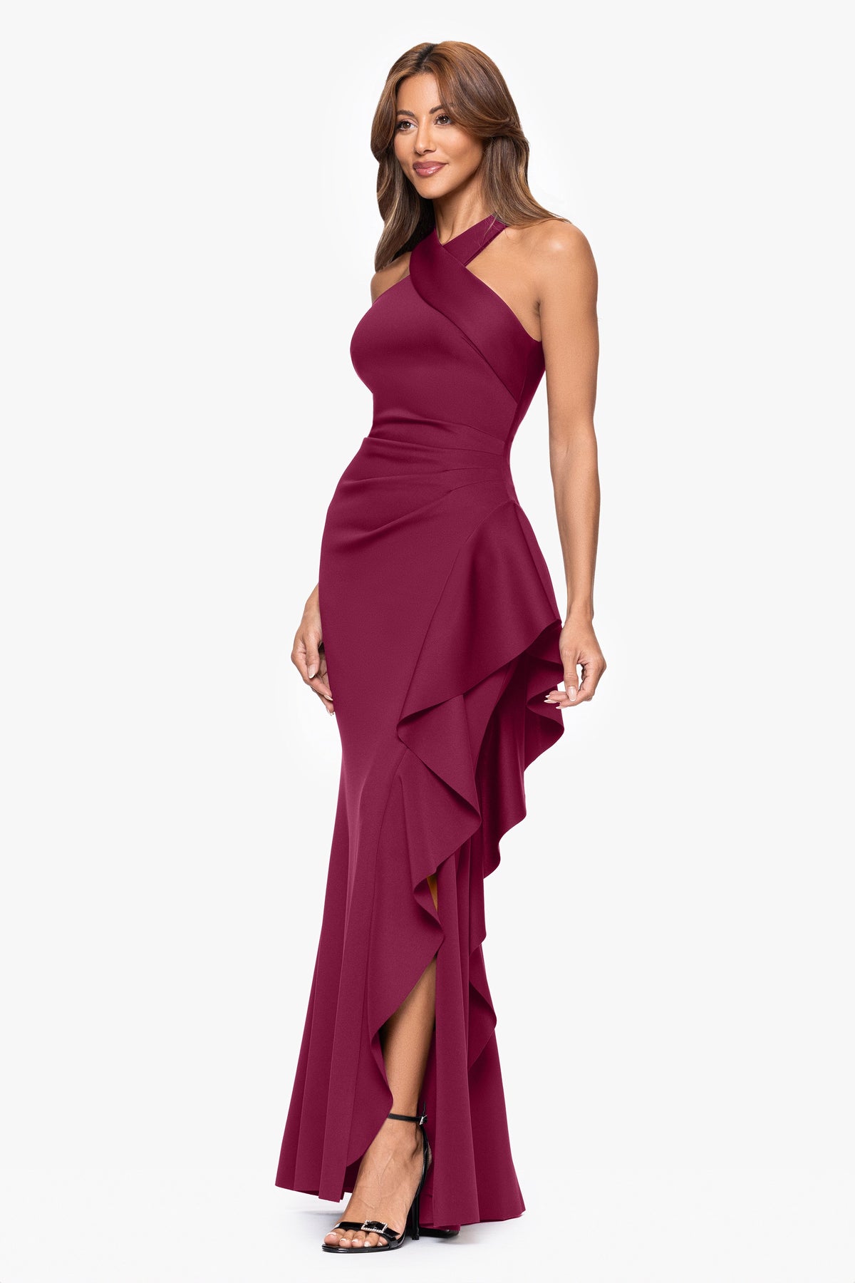 XSCAPE Wine | Petite "Gigi" Techno Scuba Cross Neck Dress