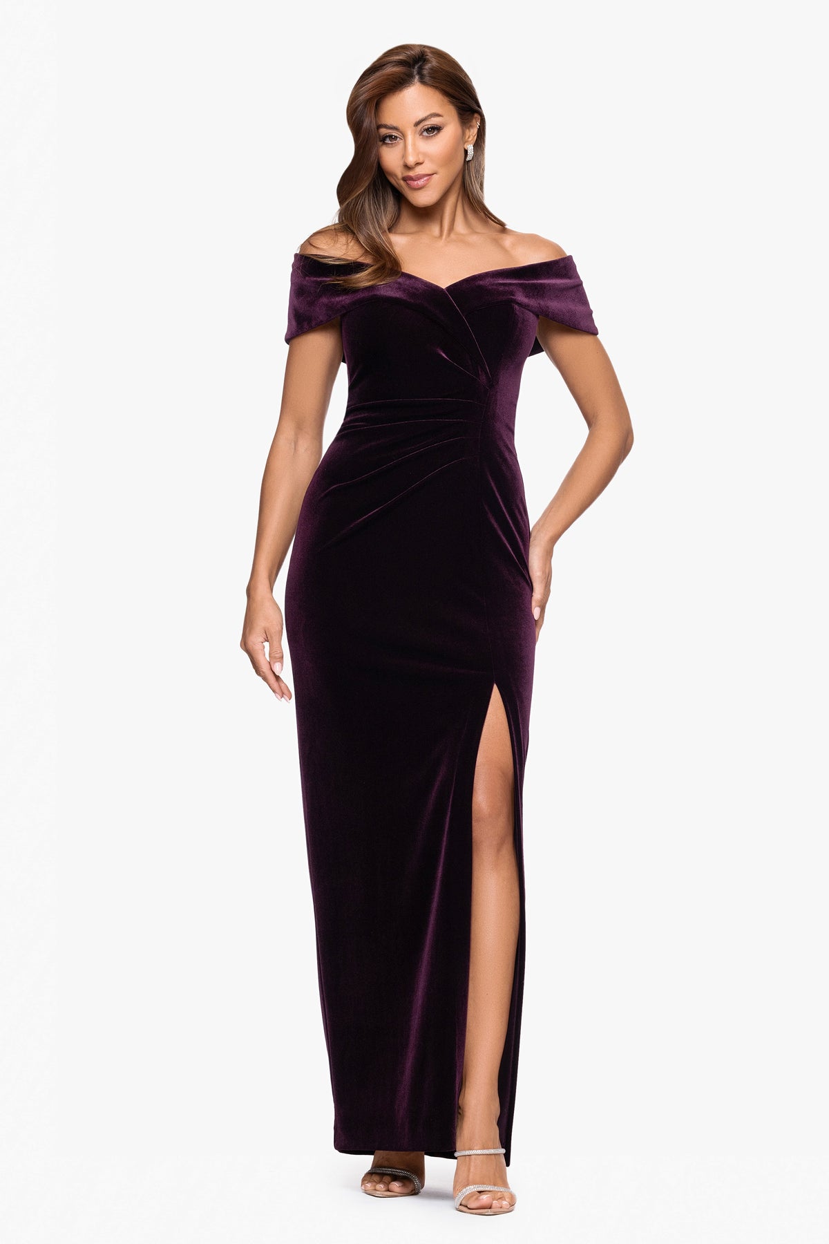 XSCAPE Maroon | "Charmaine" Velvet Off The Shoulder Gown