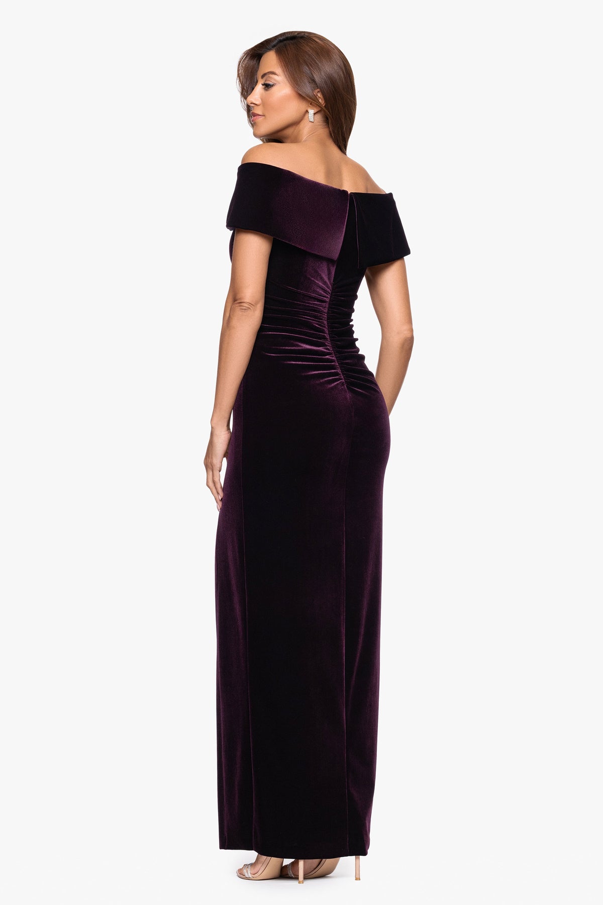 XSCAPE Maroon | "Charmaine" Velvet Off The Shoulder Gown