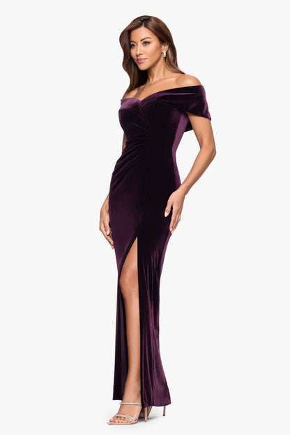 XSCAPE Maroon | "Charmaine" Velvet Off The Shoulder Gown
