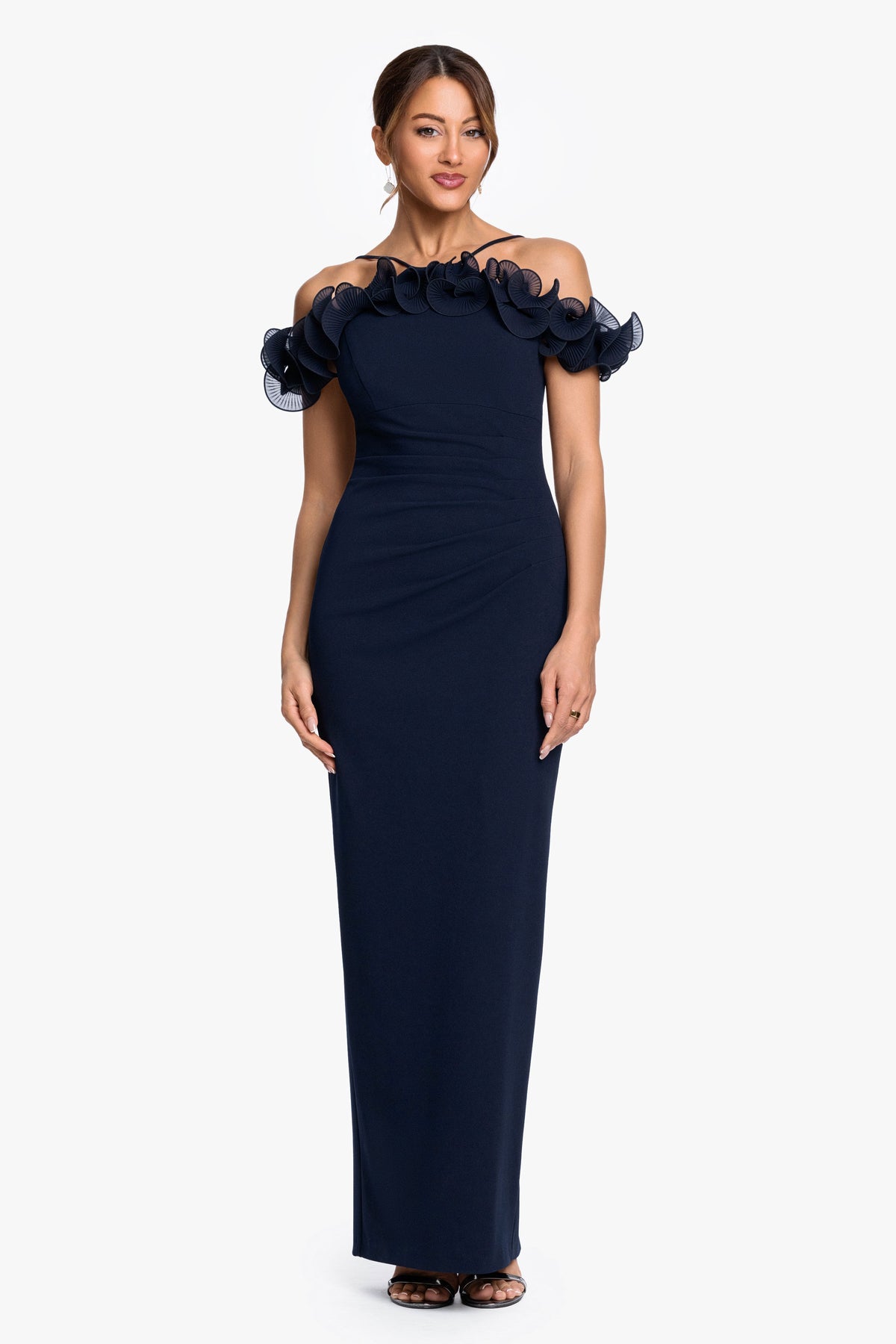 XSCAPE Navy | "Luna" Scuba Crepe & Chiffon Ruffle Dress