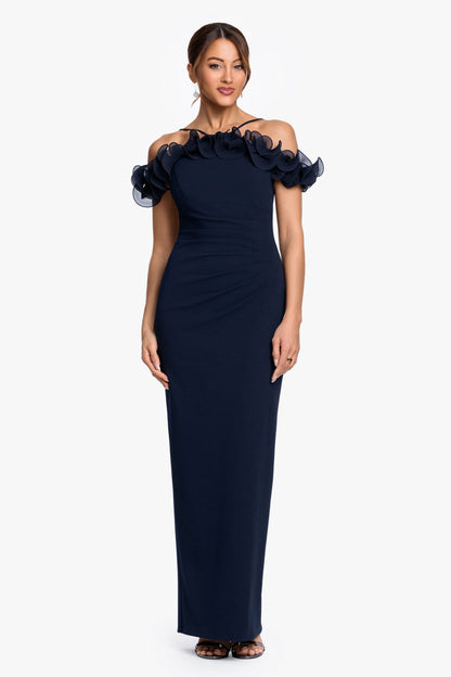 XSCAPE Navy | "Luna" Scuba Crepe & Chiffon Ruffle Dress