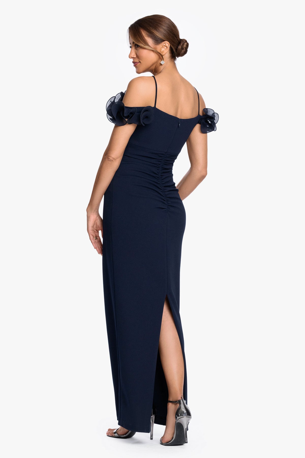 XSCAPE Navy | "Luna" Scuba Crepe & Chiffon Ruffle Dress