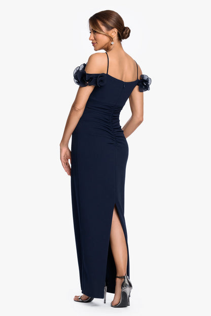 XSCAPE Navy | "Luna" Scuba Crepe & Chiffon Ruffle Dress