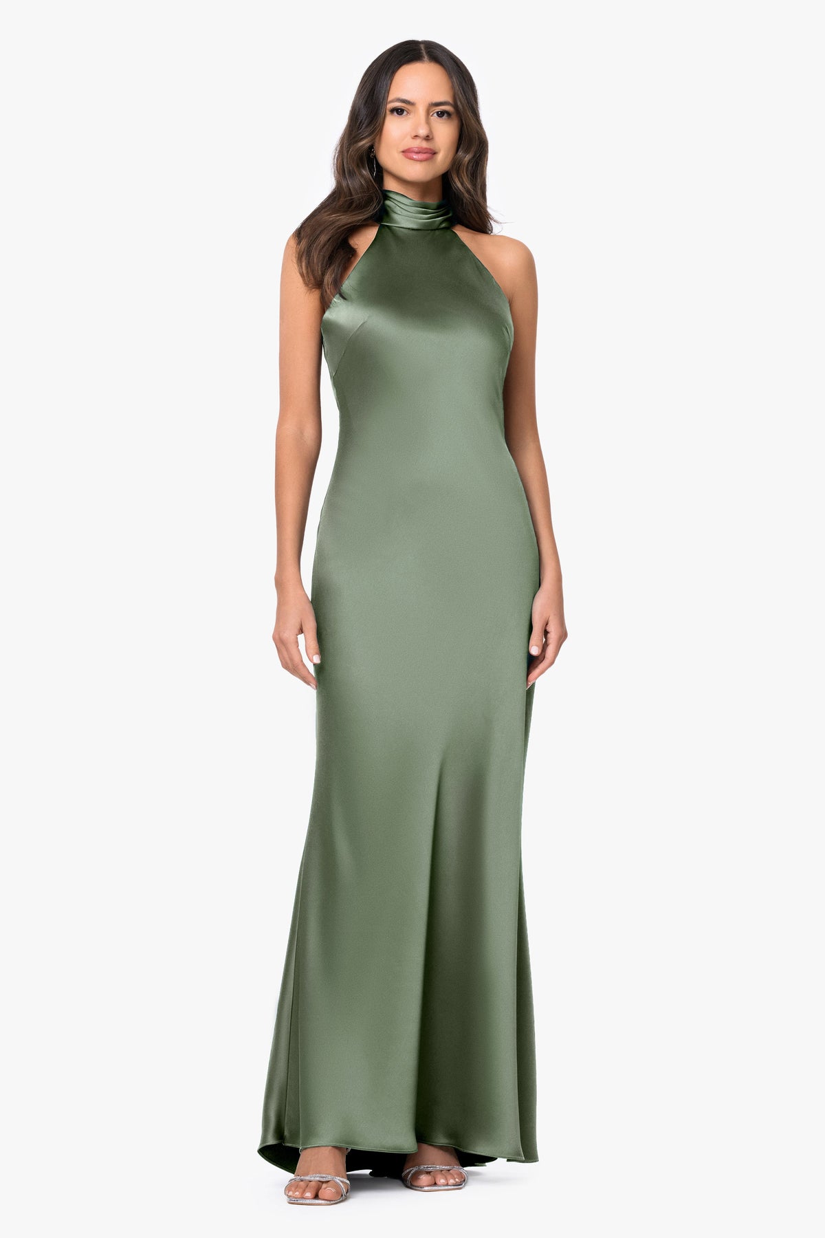 XSCAPE Olive | Petite "Ruth" Satin High Tie Neck Backless Dress
