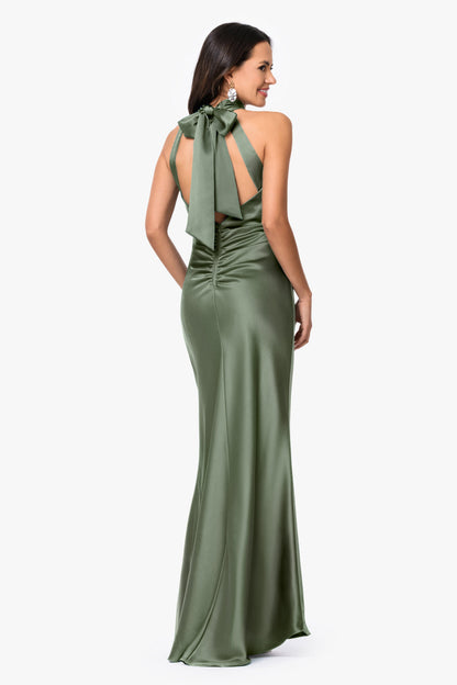 XSCAPE Olive | Petite "Ruth" Satin High Tie Neck Backless Dress