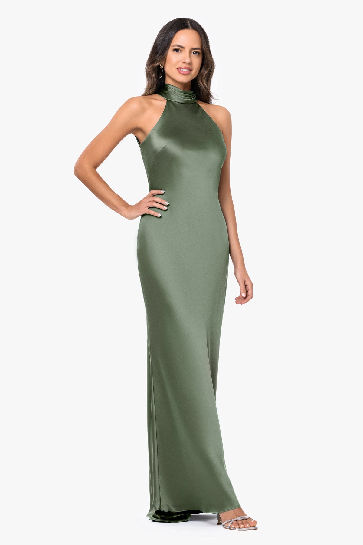 XSCAPE Olive | Petite "Ruth" Satin High Tie Neck Backless Dress