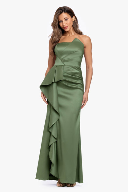 XSCAPE Olive | "Effie" Mikado Asymmetrical Strapless Dress