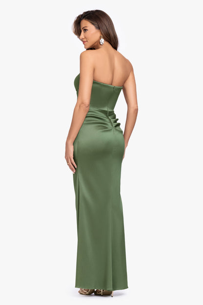 XSCAPE Olive | "Effie" Mikado Asymmetrical Strapless Dress