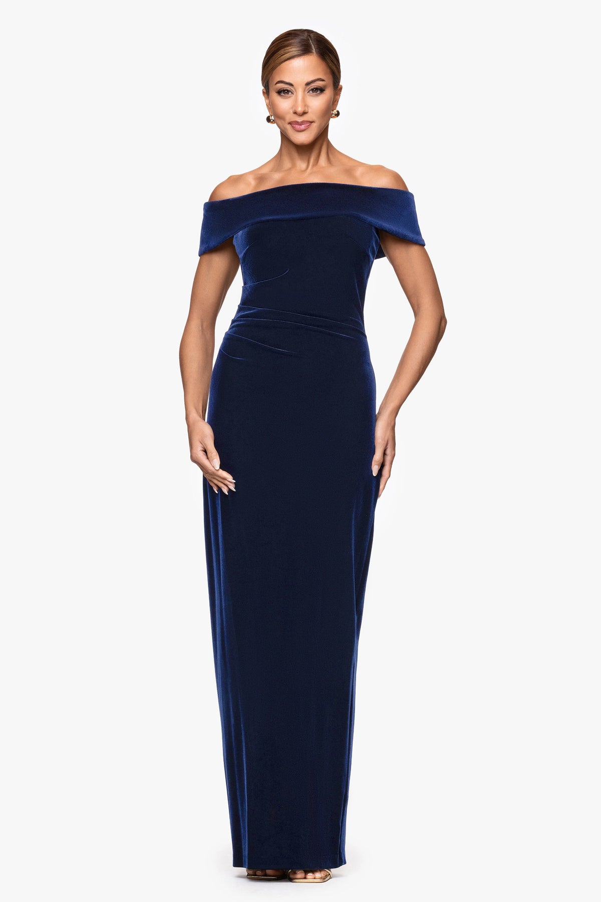 XSCAPE Navy | "Lori" Velvet Off The Shoulder Ruched Dress