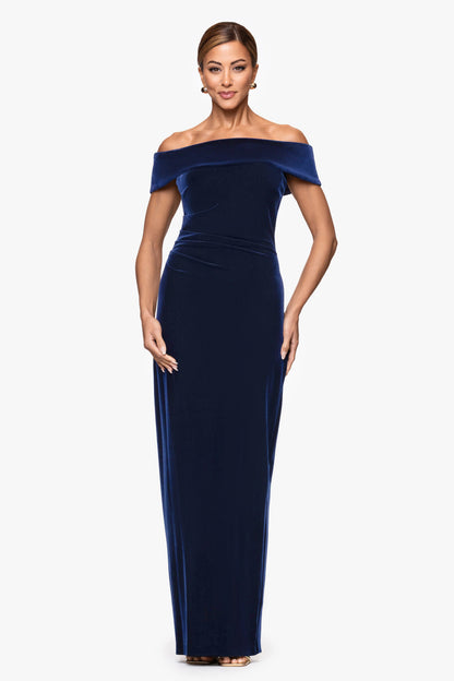 XSCAPE Navy | "Lori" Velvet Off The Shoulder Ruched Dress