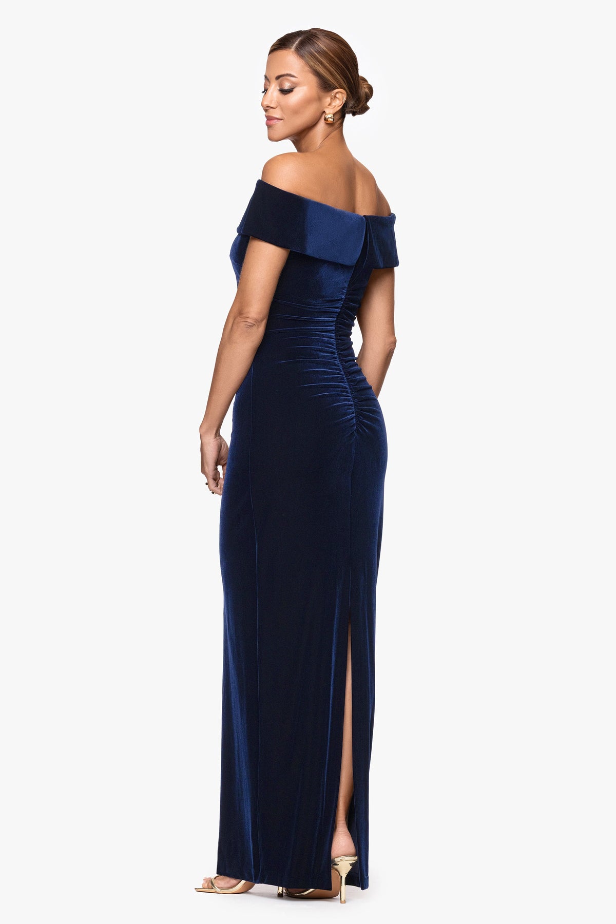 XSCAPE Navy | "Lori" Velvet Off The Shoulder Ruched Dress