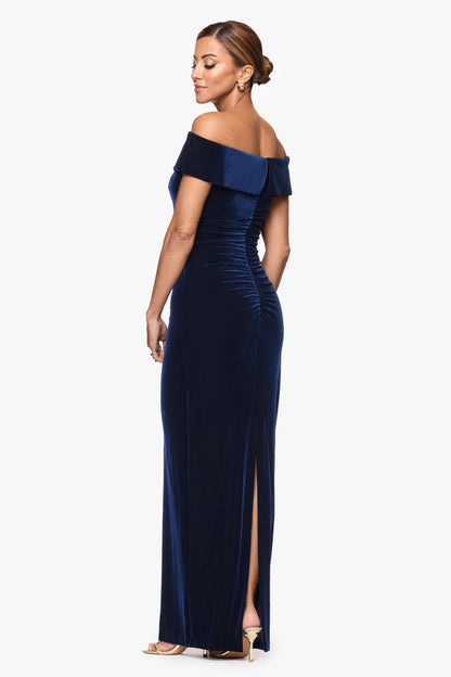XSCAPE Navy | "Lori" Velvet Off The Shoulder Ruched Dress