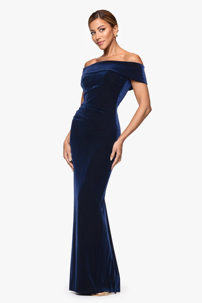 XSCAPE Navy | "Lori" Velvet Off The Shoulder Ruched Dress