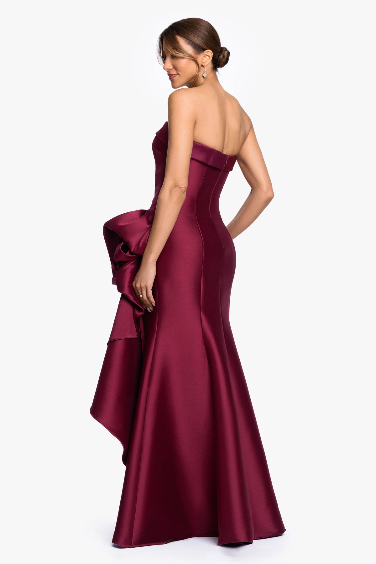 XSCAPE Wine | "Diana" Mikado Strapless Rouched Dress