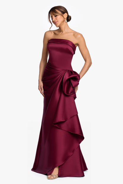 XSCAPE Wine | "Diana" Mikado Strapless Rouched Dress
