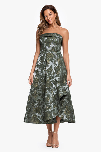 XSCAPE Olive/Gold | "Valentina" Brocade Strapless Midi Dress