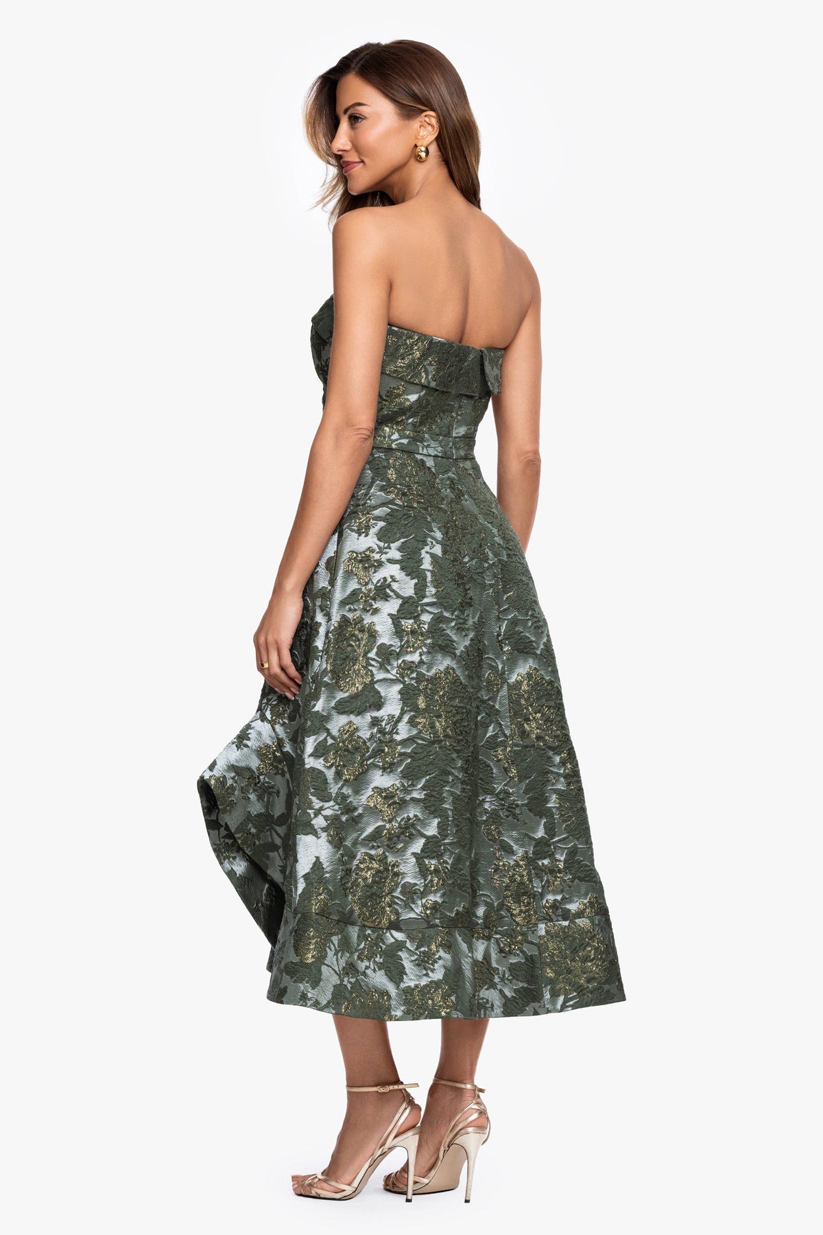 XSCAPE Olive/Gold | "Valentina" Brocade Strapless Midi Dress