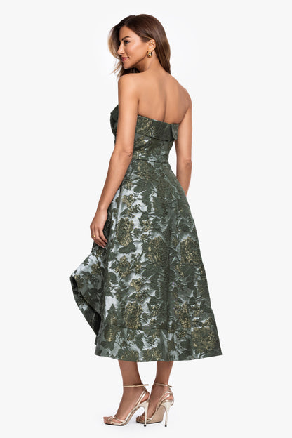 XSCAPE Olive/Gold | "Valentina" Brocade Strapless Midi Dress