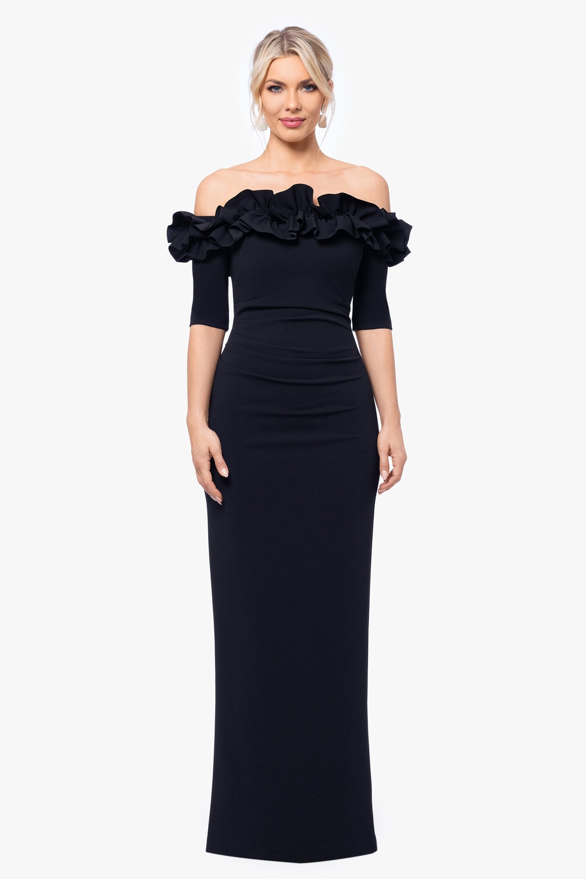 XSCAPE Black | "Isla" Scuba Crepe Off The Shoulder Ruffle Dress