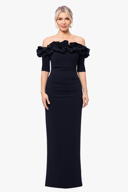 XSCAPE Black | "Isla" Scuba Crepe Off The Shoulder Ruffle Dress