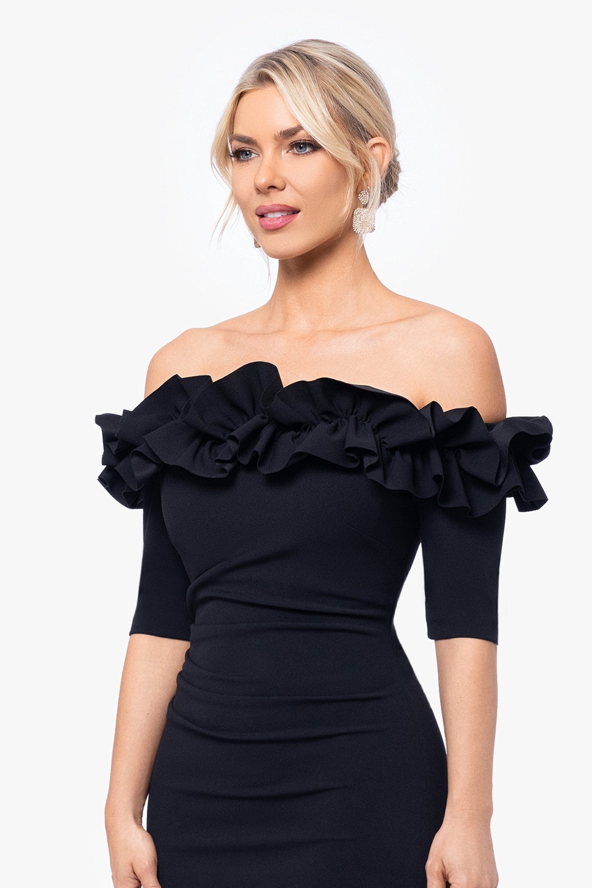 XSCAPE Black | "Isla" Scuba Crepe Off The Shoulder Ruffle Dress