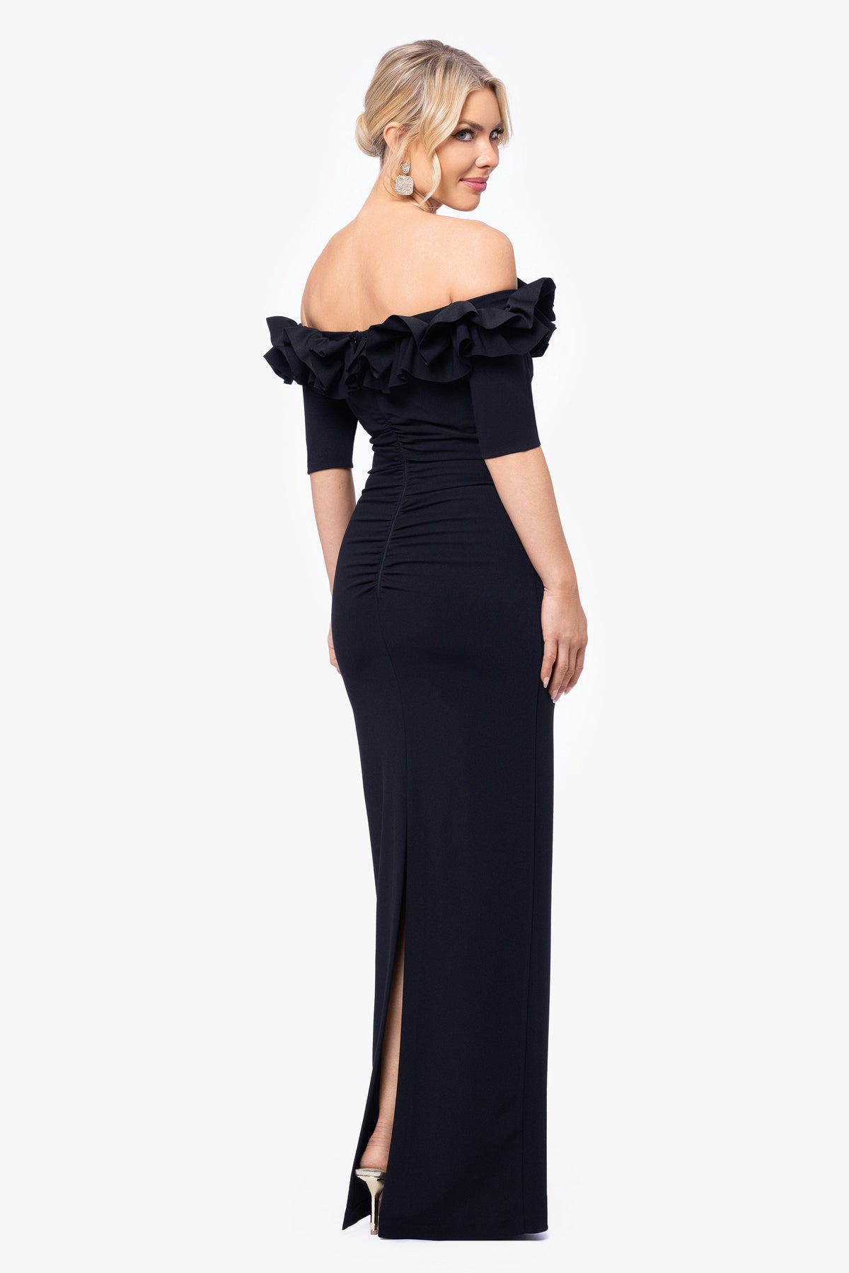 XSCAPE Black | "Isla" Scuba Crepe Off The Shoulder Ruffle Dress