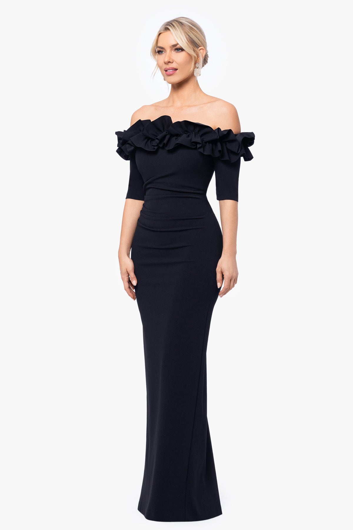 XSCAPE Black | "Isla" Scuba Crepe Off The Shoulder Ruffle Dress
