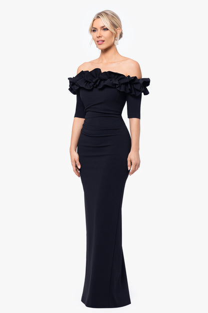 XSCAPE Black | "Isla" Scuba Crepe Off The Shoulder Ruffle Dress