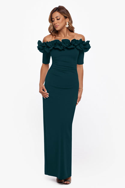XSCAPE Pine | "Isla" Scuba Crepe Off The Shoulder Ruffle Dress