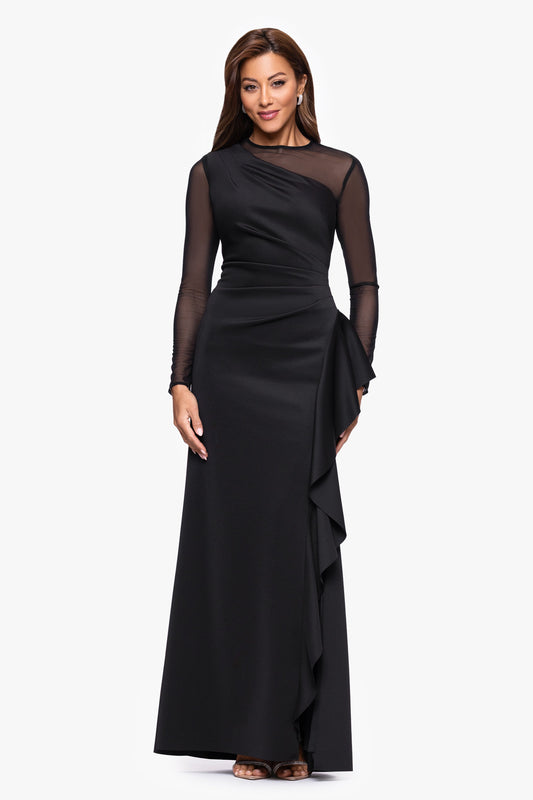 XSCAPE Black | Petite "Lyra" Techno Scuba Mesh Long Sleeve Dress