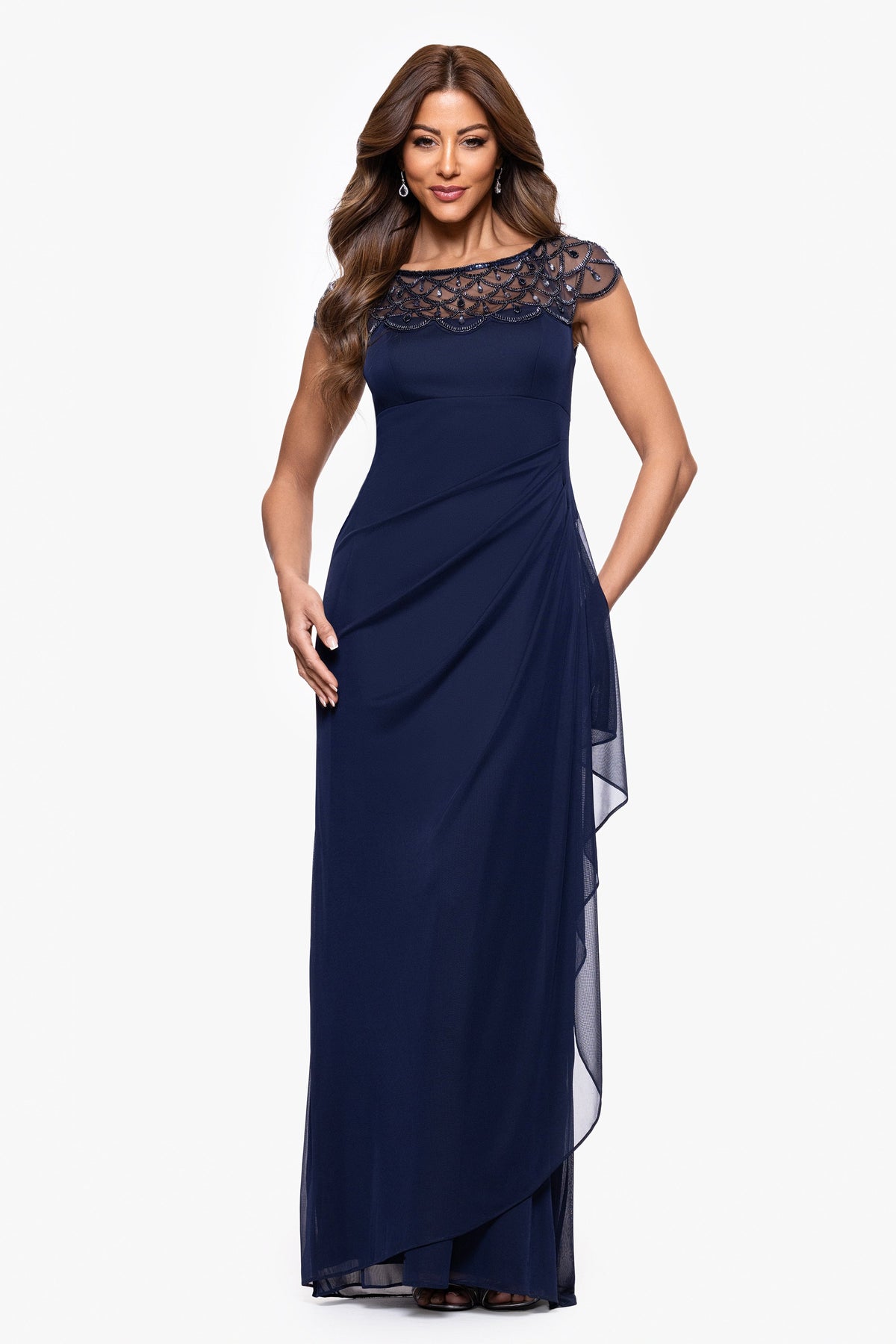 XSCAPE Navy | Petite "Khloe" Sheer Matte Jersey Embellished Dress