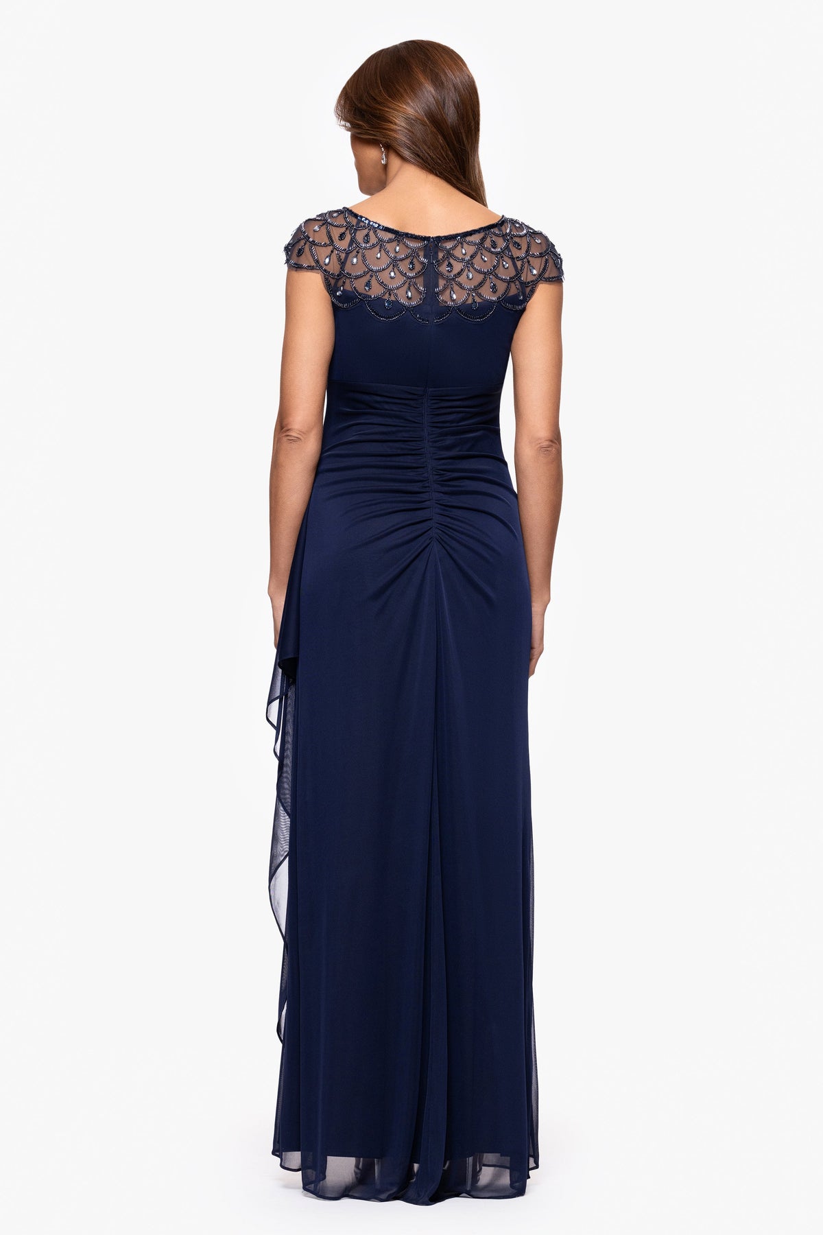 XSCAPE Navy | Petite "Khloe" Sheer Matte Jersey Embellished Dress