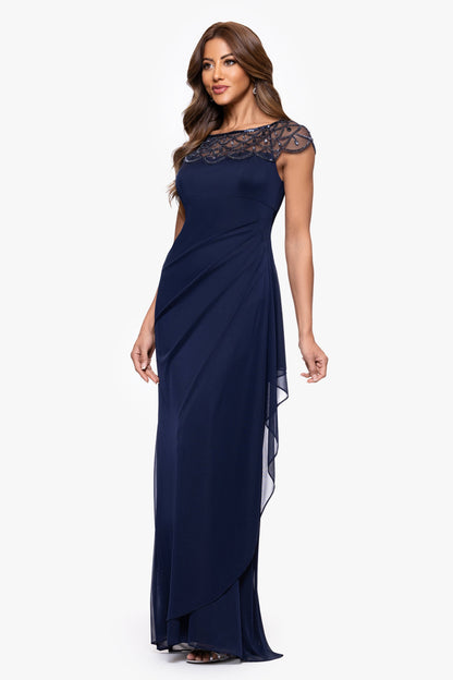 XSCAPE Navy | Petite "Khloe" Sheer Matte Jersey Embellished Dress