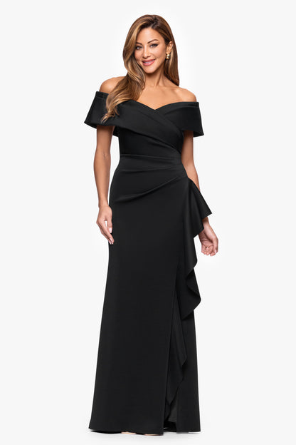 XSCAPE Black | Petite "Pearl" Techno Scuba Off the Shoulder Ruffle Dress
