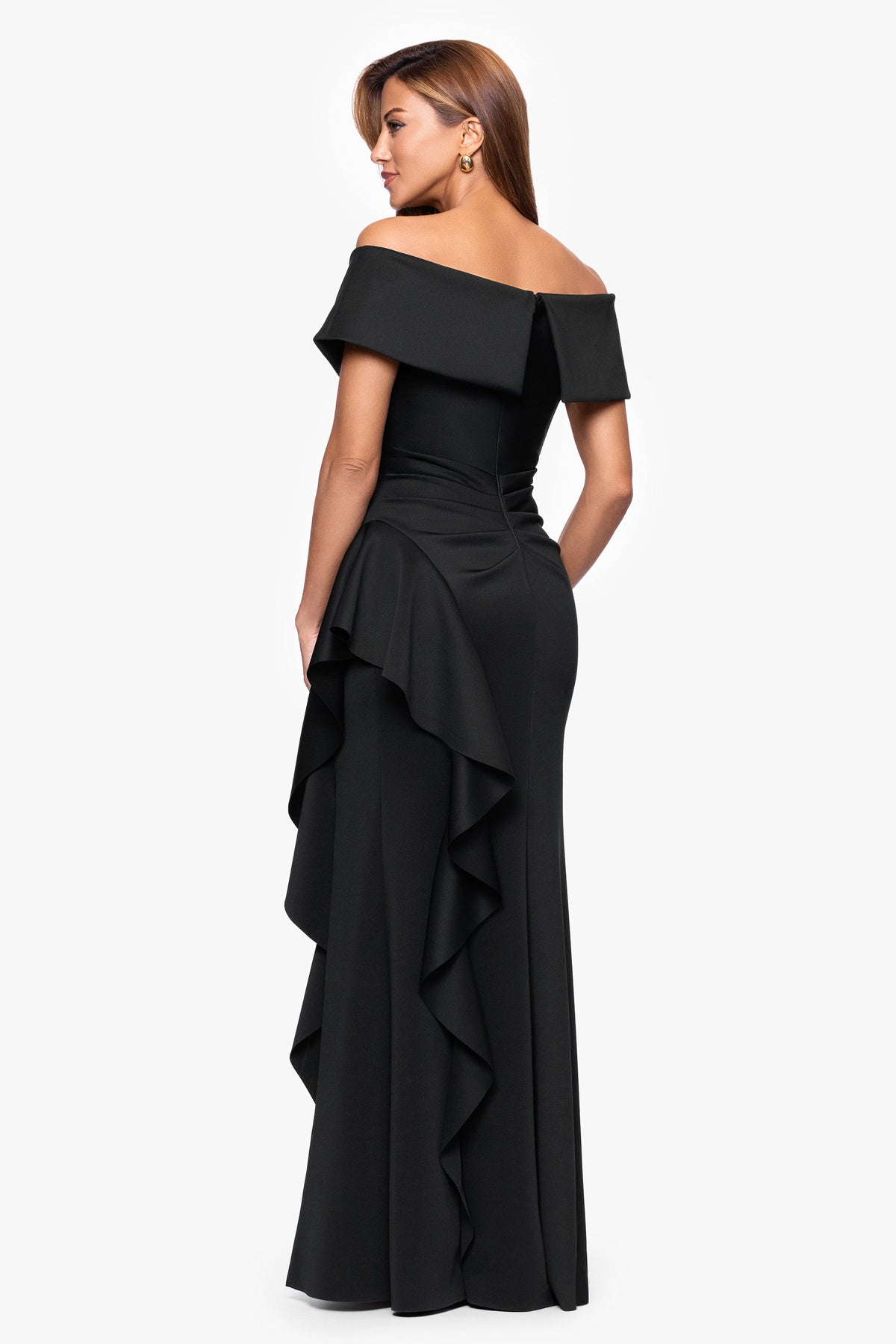 XSCAPE Black | Petite "Pearl" Techno Scuba Off the Shoulder Ruffle Dress