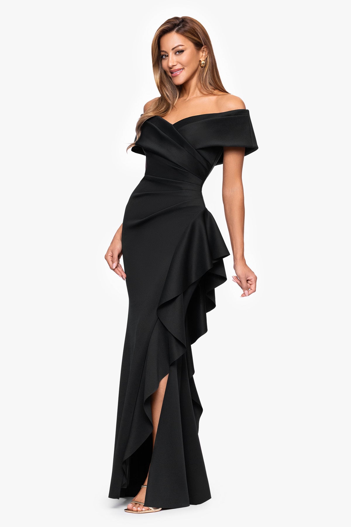 XSCAPE Black | Petite "Pearl" Techno Scuba Off the Shoulder Ruffle Dress