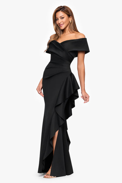 XSCAPE Black | Petite "Pearl" Techno Scuba Off the Shoulder Ruffle Dress