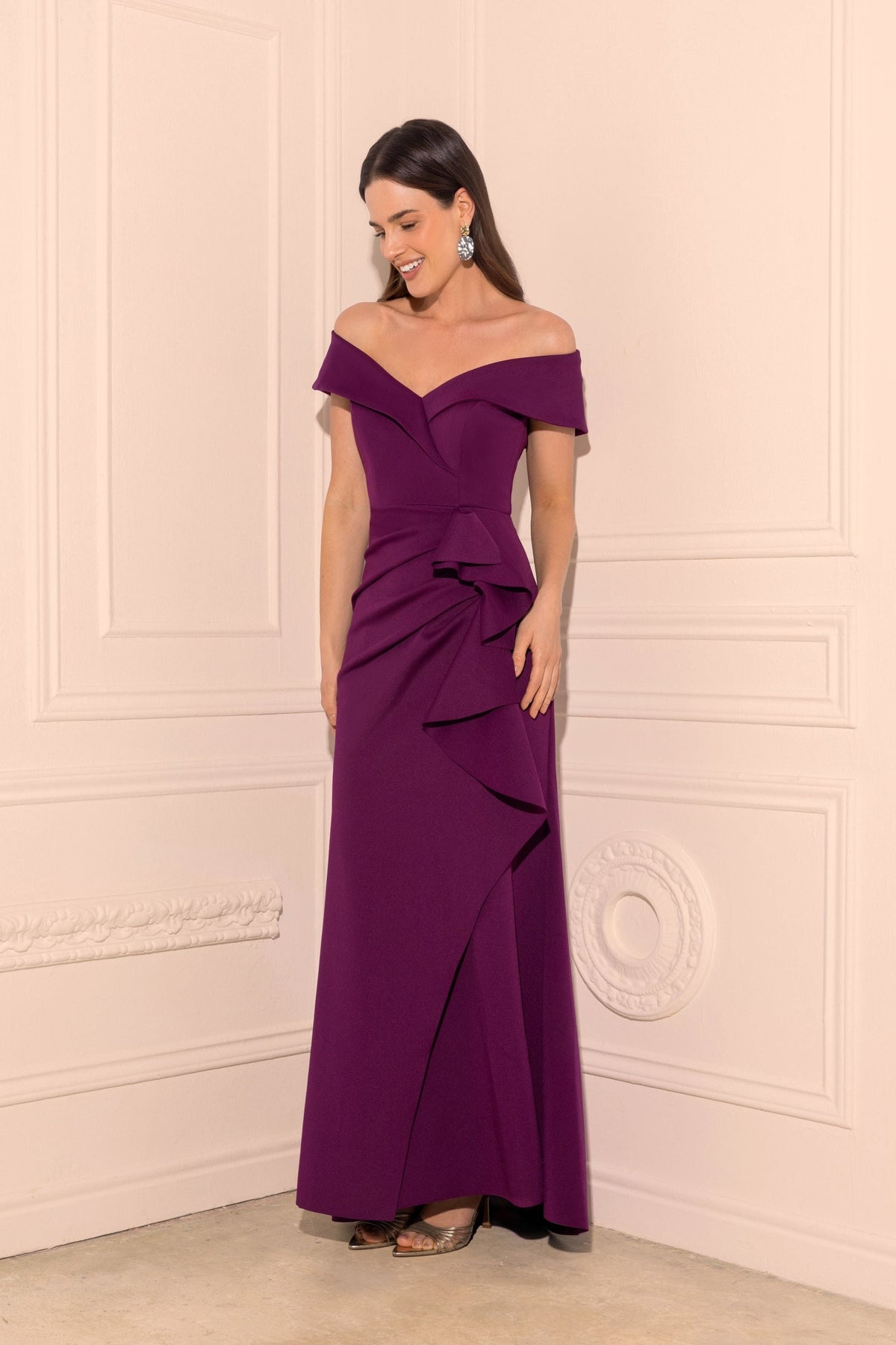 XSCAPE Raisin | "Patti" Techno Scuba Off The Shoulder Dress