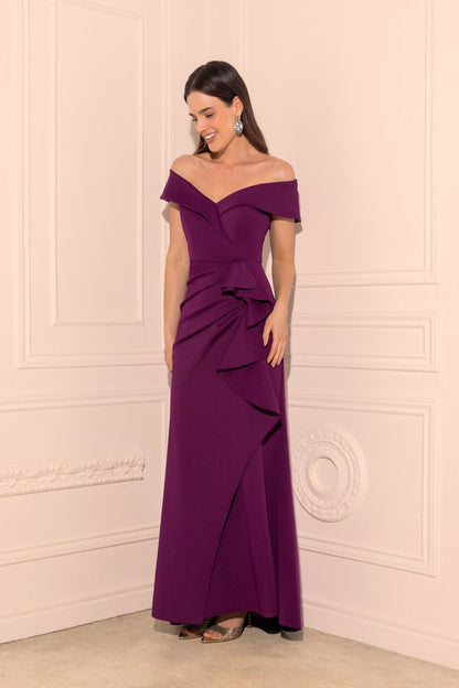 XSCAPE Raisin | "Patti" Techno Scuba Off The Shoulder Dress