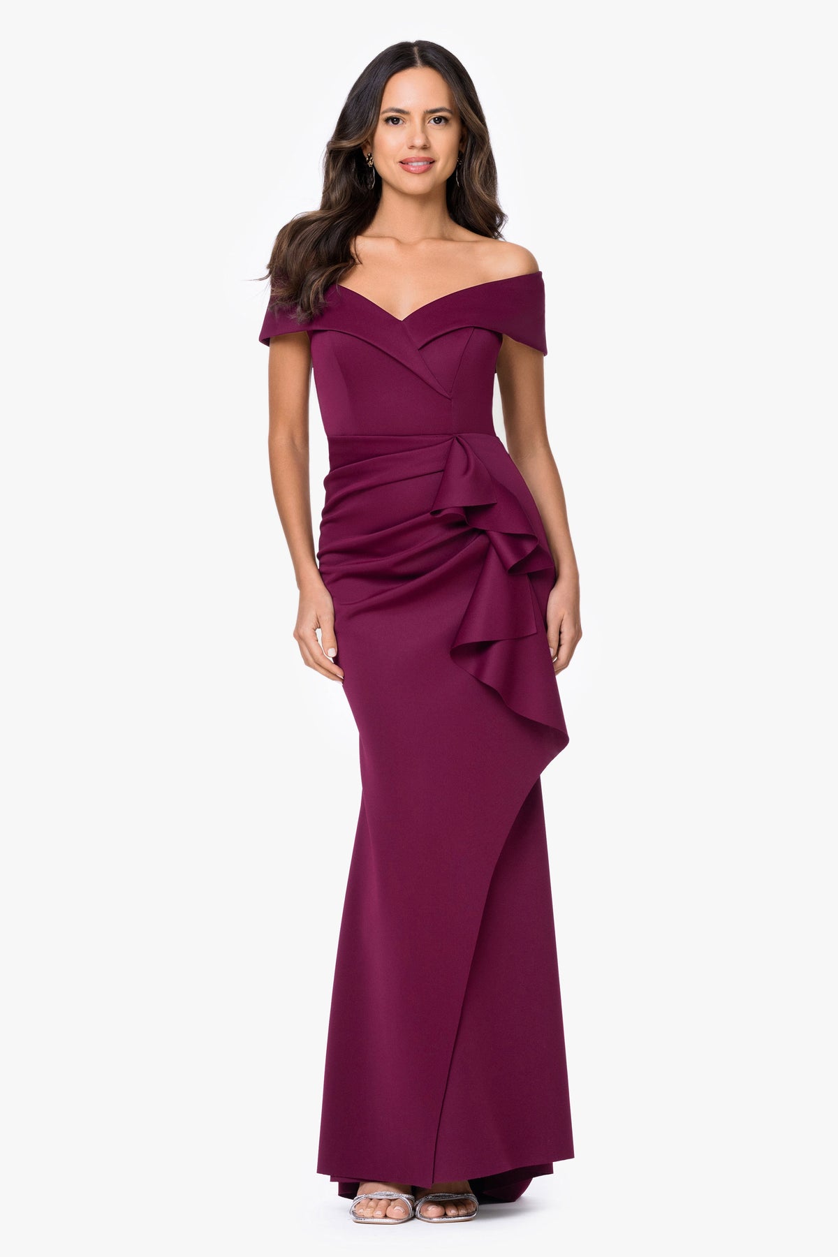 XSCAPE Raisin | "Patti" Techno Scuba Off The Shoulder Dress
