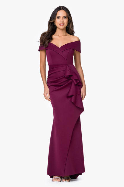 XSCAPE Raisin | "Patti" Techno Scuba Off The Shoulder Dress
