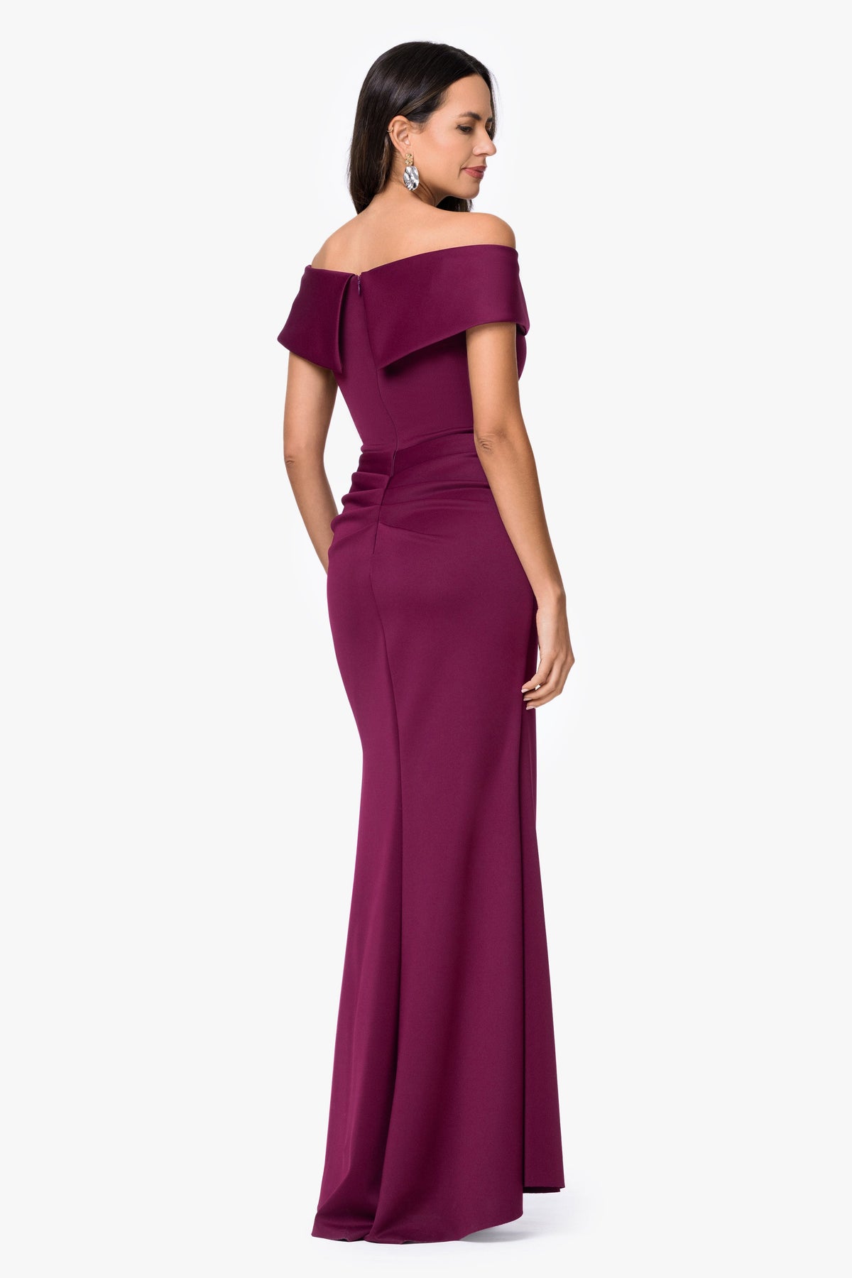 XSCAPE Raisin | "Patti" Techno Scuba Off The Shoulder Dress