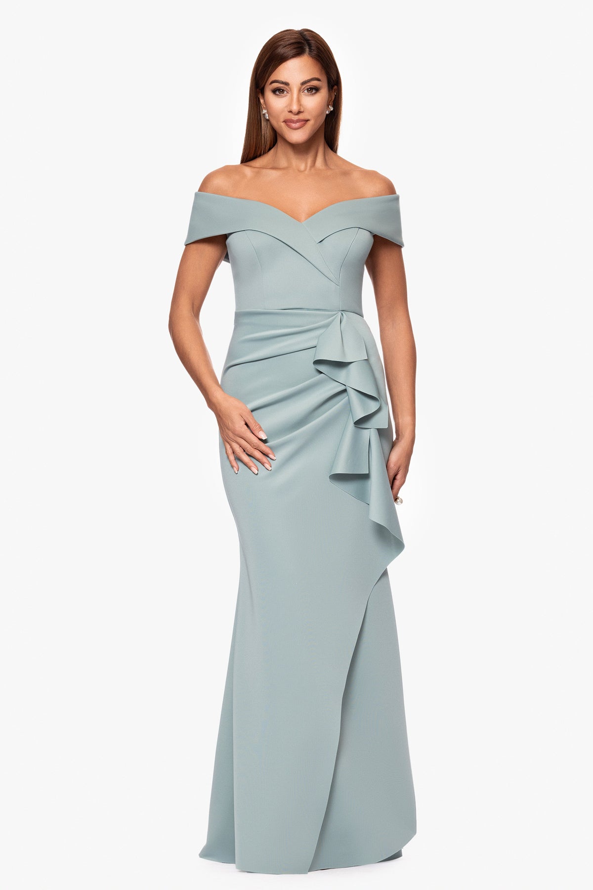 XSCAPE Sage | Petite "Patti" Techno Scuba Off The Shoulder Dress